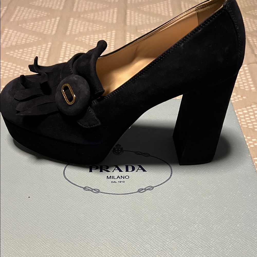 Prada Black Suede Platform Heels with Fringe - Picture 11 of 16